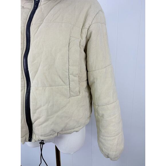 Princess Polly Beige Corduroy Cropped Puffer Jacket Size 0 Zip Front Coat - Picture 5 of 12